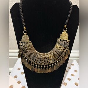 Vintage TANJORE India Statement Necklace Black cord Brass Bib Discs Pendants